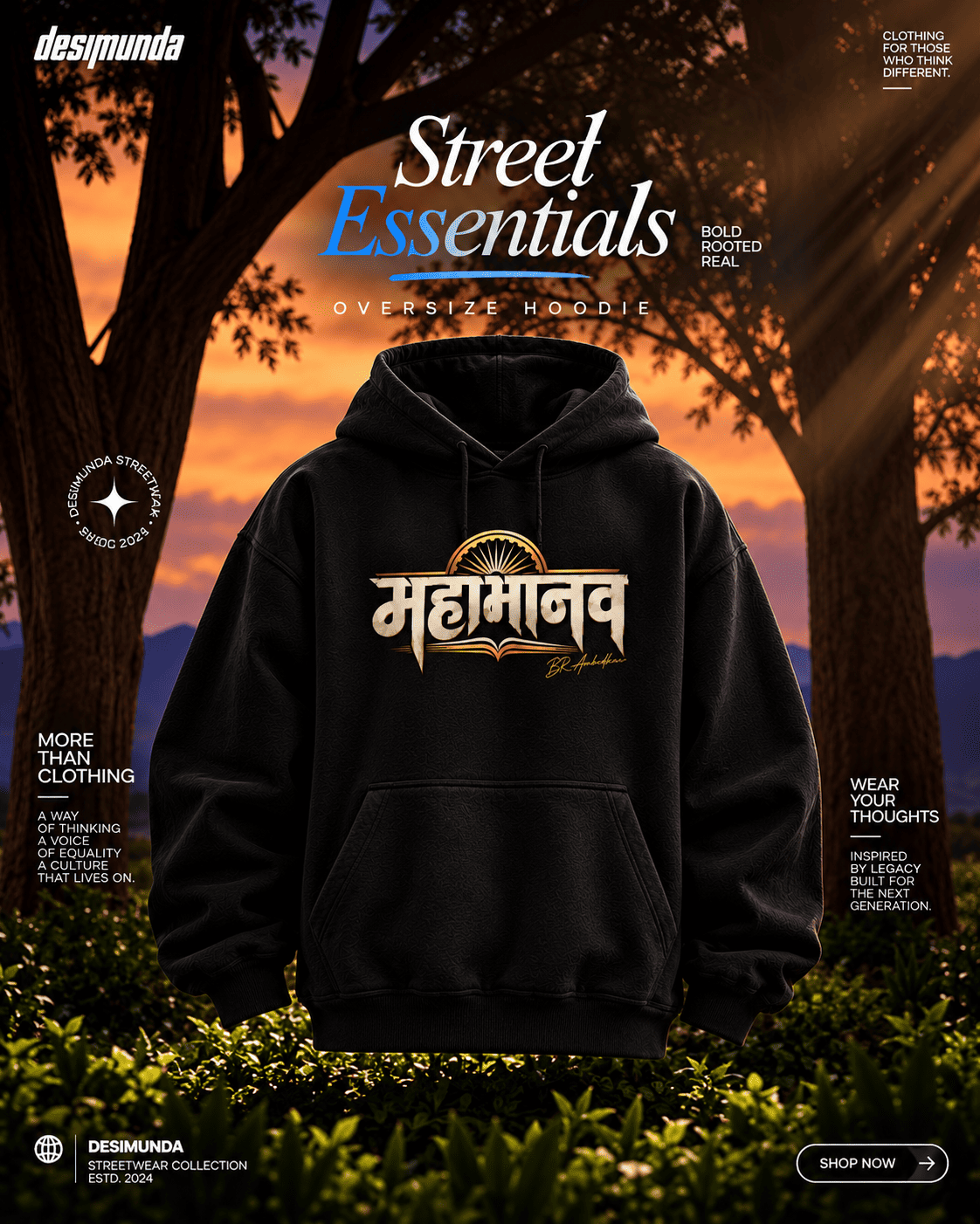 DesiiMunda Black Oversized Hoodie with Mahamanav Dr B R Ambedkar Graphic Back Print