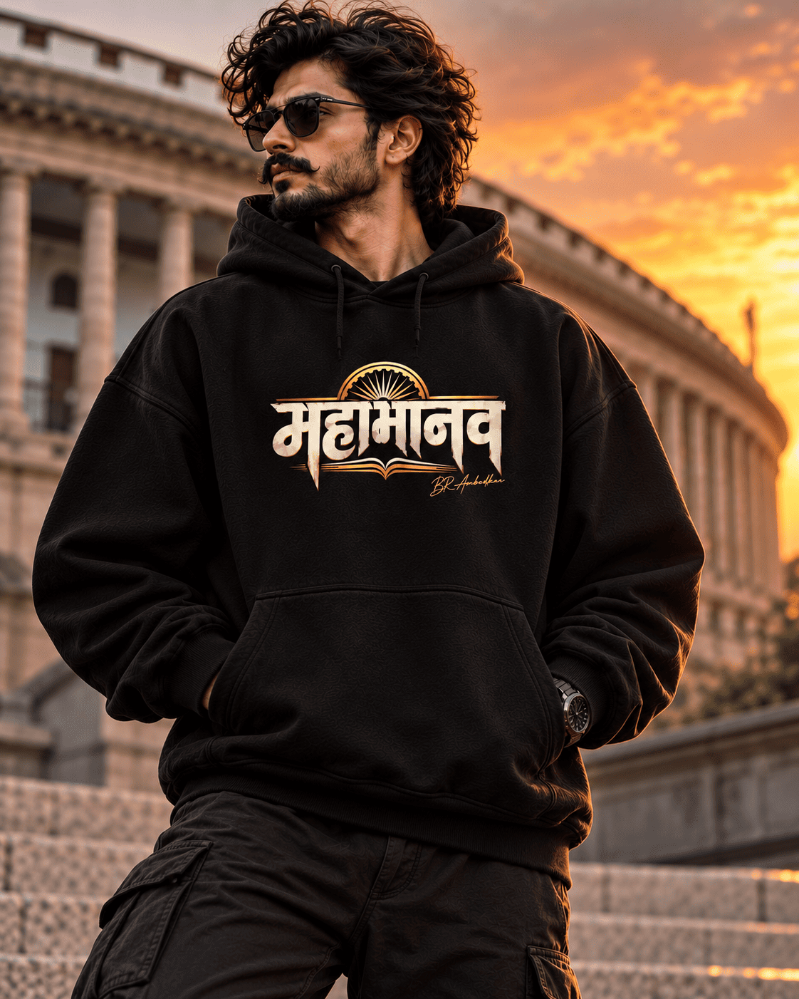 DesiiMunda Black Oversized Hoodie with Mahamanav Dr B R Ambedkar Graphic Back Print